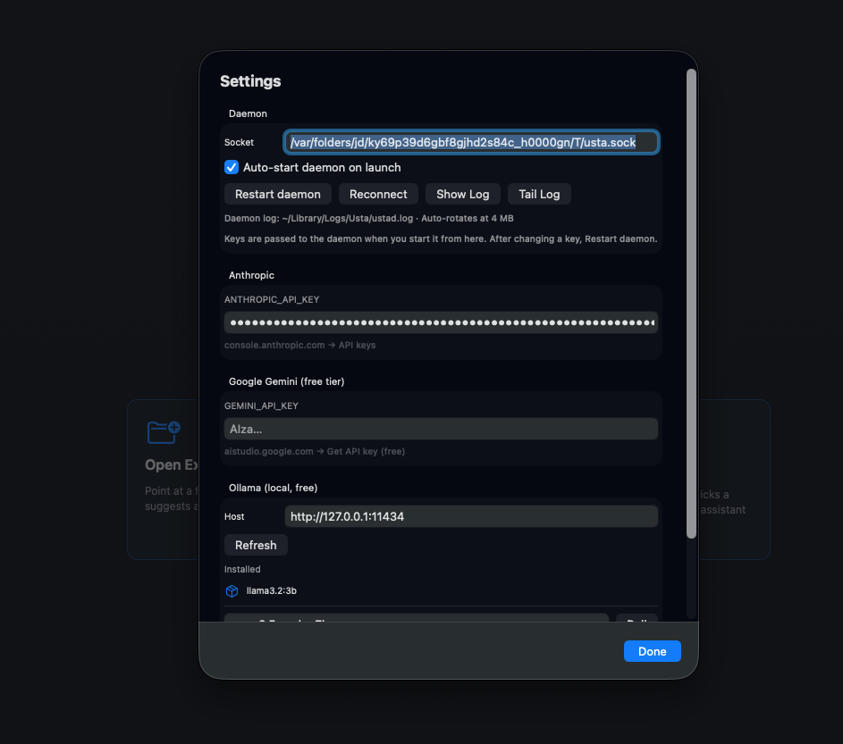Settings sheet — Daemon and Anthropic and Gemini and Ollama