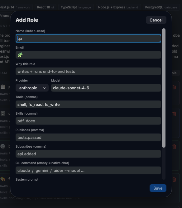 Add Role sheet — name and emoji and provider and tools and skills and publishes and subscribes